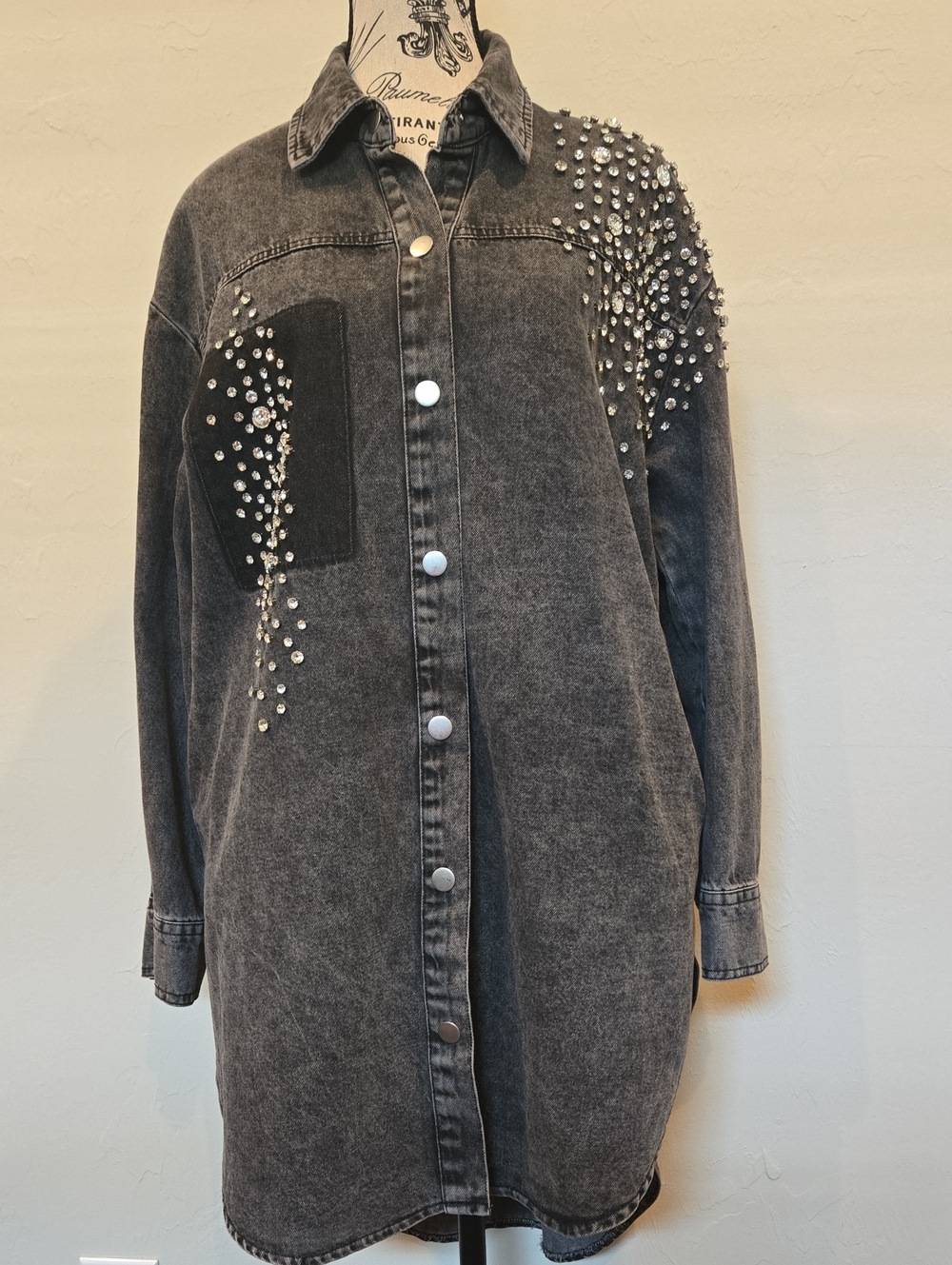 Rhinestone Studded Washed Black Denim Hi Low Shirt Jacket Tunic- Women